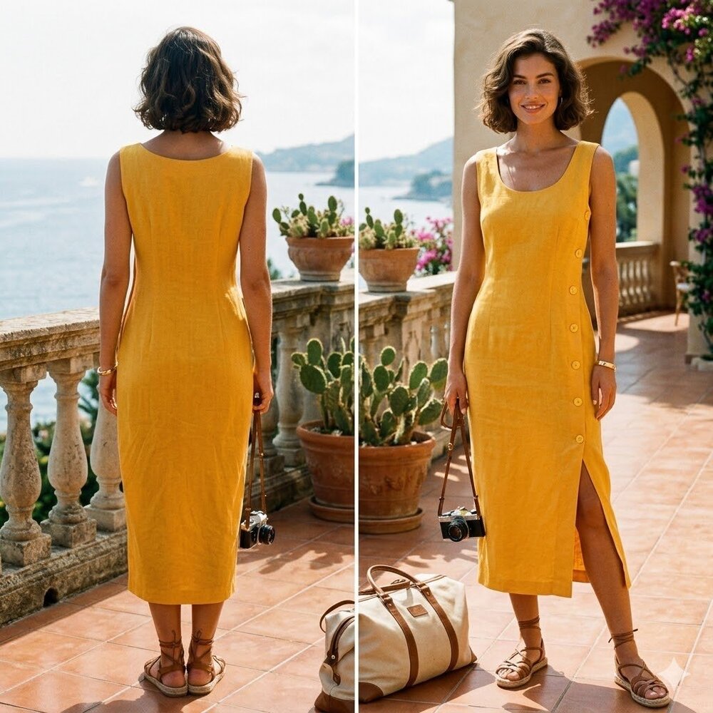 Vintage Sunny Yellow Sleeveless Maxi Dress with Side Button Slit
